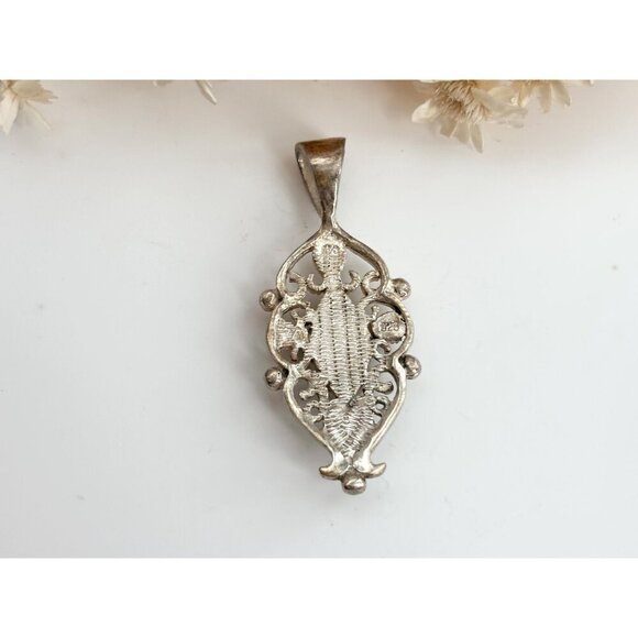 Art Deco Black Onyx Sterling Silver Modernist Marcasite 925 Vintage Pendant - Picture 3 of 8